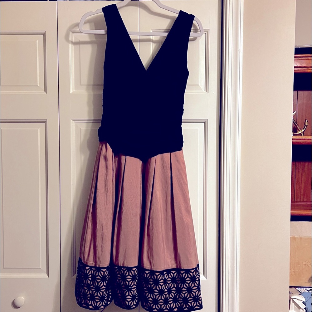S.L. Fashions Beautiful Black and Pink Dress - Ruched Waist, Embroidered- Size 8